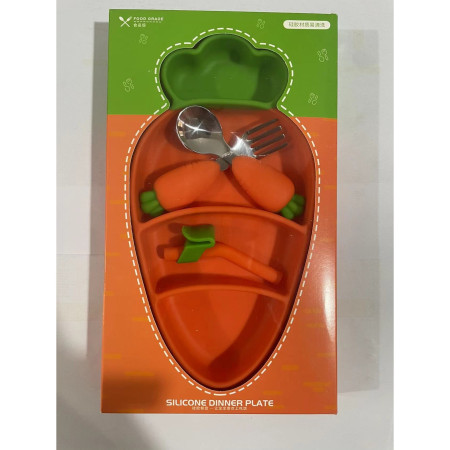 Set diversificare bebelusi Cyrax, din silicon, 23.5 x 12.5 cm, 1 farfurie compartimentata in forma de morcov, lingurita si furculita, pai, perie pai, fara alergeni, ventuza fixare,  forma creativa,  portocaliu