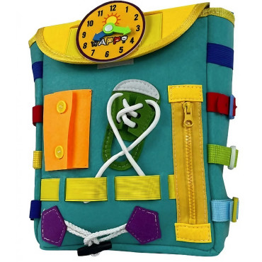 Ghiozdan Montessori, Cyrax, pentru Copii 2-6 ani, Fidget Pop, cu Catarame si Fermoare, Jucarii Senzoriale, Activitate de Invatare prin Joc, Turcoaz, 0.25 kg, 28x10x23 cm