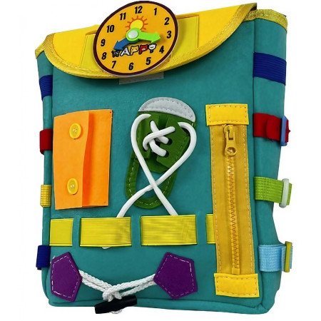 Ghiozdan Montessori, Cyrax, pentru Copii 2-6 ani, Fidget Pop, cu Catarame si Fermoare, Jucarii Senzoriale, Activitate de Invatare prin Joc, Turcoaz, 0.25 kg, 28x10x23 cm