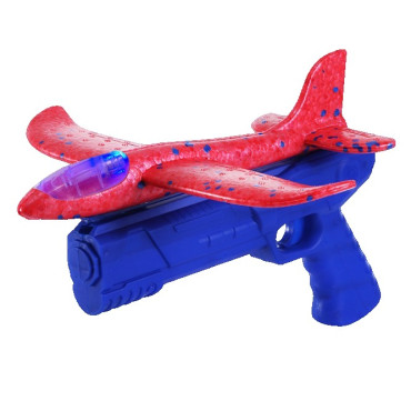 Pistol cu Lansator de Avion, Cyrax, din Polistiren+Plastic, +3 Ani, Avion 24 cm, Lansare 10 m, cu Lumini, Albastru/Rosu