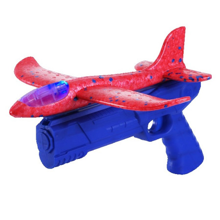 Pistol cu Lansator de Avion, Cyrax, din Polistiren+Plastic, +3 Ani, Avion 24 cm, Lansare 10 m, cu Lumini, Albastru/Rosu