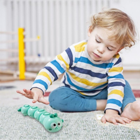 Jucarie mecanica pentru copii Cyrax, omida haioasa, cu cheita, distractiva, se taraste, se misca, 15 x 4 cm, verde