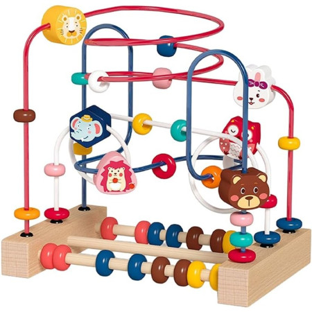 Jucarie din Lemn Montessori, Cyrax, Labirint Motricitate cu Abac si Animalute, Rollercoaster pentru Copii, Educativ, Dezvoltarea Abilitatilor Motorii, Numaratoare, 22.5x22.5x15 cm, Multicolor