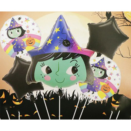 Baloane Halloween, Cyrax, set din 5 Baloane, 1 Little Witch Halloween, 2 stele negre, 2 baloane rotunde multicolore, din folie de aluminiu, 30- 40 cm, pai de carton inclus, Multicolor