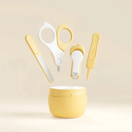 Set 4 Piese Ingrijire Unghii Bebelusi, Cyrax, din ABS+Otel Inoxidabil, Cutie de Depozitare Tip Maimuta, de la 0 Luni, Galben