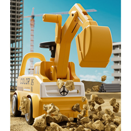 Excavator Manual pentru copii, Cyrax, 3 ani, Sport, Claxon, Cutie Depozitare, Lumini, Scaun, 62x26x47 cm, Galben