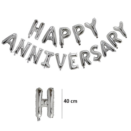 Set Baloane din Folie Metalizată, Cyrax, Model Happy Anniversary, Litere de 40 cm, Baloane Party, Ambalaj Individual, Pai inclus, Umflare cu Aer sau Heliu, Argintiu