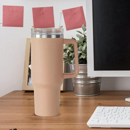 Cana Termos din Plastic, Cyrax, pentru Bauturi Calde si Reci, cu Maner, 9.9x9.9x27 cm, Roz Pal