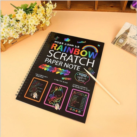 Caiet cu Foi de Hartie de Razuit, Cyrax, cu Un Stilou din Bambus, pentru Desen, Curcubeu, 19 x 26 cm, Negru