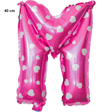 Balon Folie Metalizata Litera M, Cyrax, 40 cm, Cu Imprimeu Inimioare, Umflati cu Heliu sau Aer, Ambalaj Individual, Pai inclus, Roz