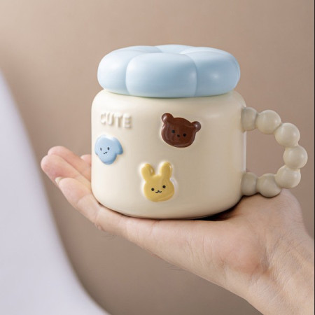 Cana pentru Copii, Cyrax, din Portelan, print Figurine Animalute, Model CUTE, Cana cu Capac, Ceasca pentru Cafea, Ceai, 400ml Galben deschis