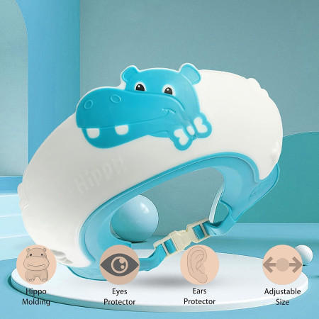 Cyrax Viziera de Protectie Baie Pentru Copii, Fippy, Model Hipopotam, Dimensiune ajustabila, Durabil, Usor de curatat, Impotriva Samponului, pentru Ochi si Urechi, TPE+PP, 22x21 cm, Albastru