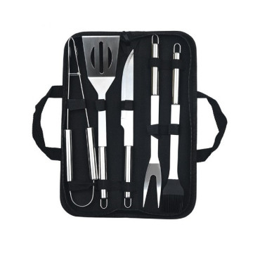 Set 5 Ustensile pentru Gratar, Cyrax, din Otel Inoxidabil, Geanta Oxford, Argintiu