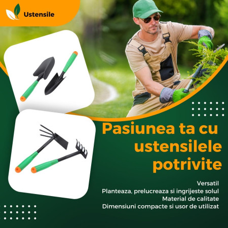 Set 4 Unelte de Gradina  pentru Plantare Prelucrare Sol si Ingrijire Plante, Material PVC si cardboard, 31.5 x 8.5 cm, verde
