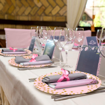 Set 10 Farfurii Unica Folosinta, Cyrax, Imprimeu cu Buline, din Carton, Diametru 18 cm, Roz/Auriu