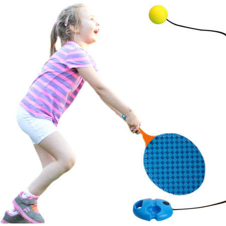 Set Badminton pentru Copii, Cyrax, Doua Palete, Fluturas, 2 Mingi, Minge cu Elastic pentru Antrenament, Suport de Prindere Stabil, 41x23 cm, Albastru Portocaliu