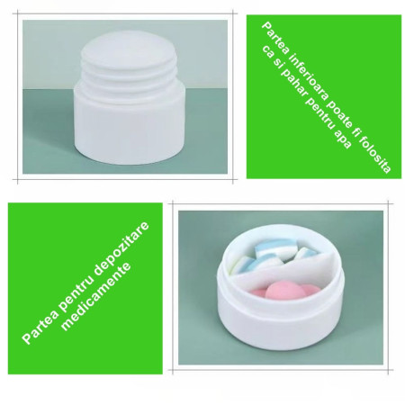 Cutie Pastile Multifunctionala,  4 in 1, Pahar Apa, Taiere, Sfaramare, Depozitare, Compact, ABS cu Lama din Inox, Alb, 8.7x6.2x4.1 cm