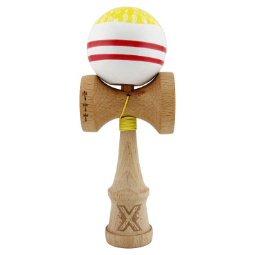 Kendama X CHICANOS Originala, Profesionala, Cyrax, Big Cups V2, Super Sticky cu Cupe Mari, Rulment Metalic, din lemn 18 cm, Ata 55 cm, Auriu/Alb