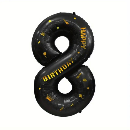 Balon din Folie Metalizata Cyrax, Figurina Cifra si Coroana, Scris Happy Birthday, Tema Aniversare 100 cm, Ambalaj Individual, Pai inclus, Umflare cu Aer sau Heliu, Negru, Cifra 8