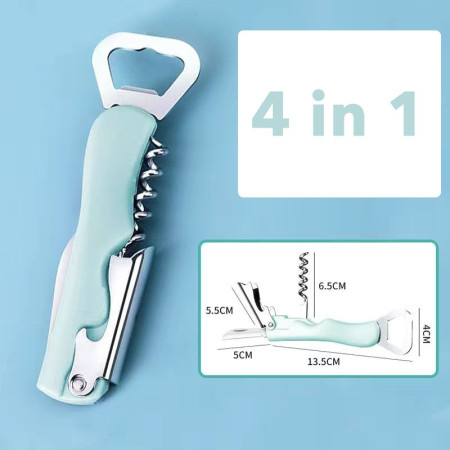 Tirbuson de Sticle 4 in 1, Cyrax, Desfacator de Sticle Multifunctional, din Inox cu Maner Anti Alunecare, 13.5 x 4 cm Verde