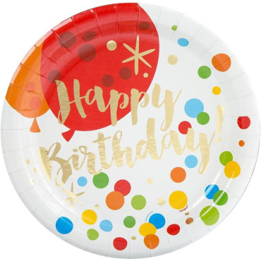 Set 10 Farfurii Unica Folosinta, Cyrax, Imprimeu Happy Birthday Buline, din Carton, Diametru 18 cm, Multicolor