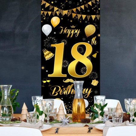 Banner pentru Petrecere, Cyrax, Model Happy Birthday, Tematica Majorat, Aniversare 18 Ani, 185x90 cm, Negru