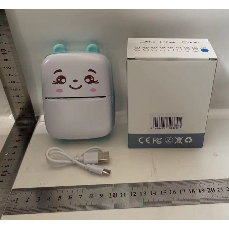 Mini Imprimanta Foto Portabila, Cyrax, Incarcare USB, Bluetooth, Model Ursulet, 12 x 9 x 5 cm, Alb Albastru