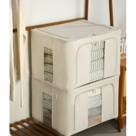 Cutie de Depozitare Pliabila,  Cu Fereastra si Fermoar Dublu, 66 L, Textil Premium, 50x40x33 cm, Cadru Metalic, Impermeabila, Alb Texturat