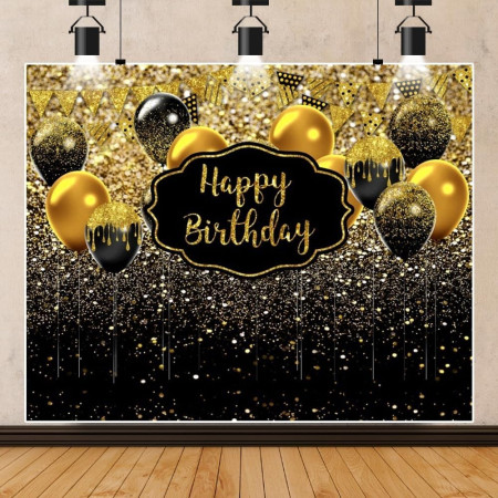 Banner Tip Fundal pentru Poze, Cyrax, din Panza, 185 x 110 cm, Sfoara 6 m, Prindere in 4 Colturi, Negru/Auriu