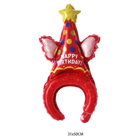 Balon din Folie Metalizata, Cyrax, Tip Coronita, Model Palarie de Petrecere, Ambalaj Individual, Pai Inclus, Umflare cu Aer sau Heliu, 31 x 50 cm, Rosu