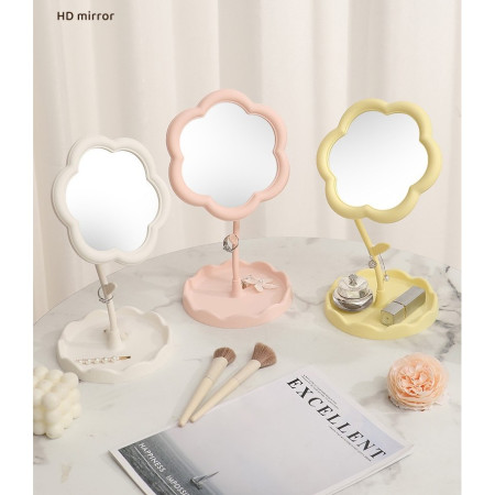 Oglindă de Machiaj pentru Birou, Cyrax, Rotativă, Detasabilă, Model de Floarea Soarelui, Suport pentru Inele, cu Depozitare, Alba