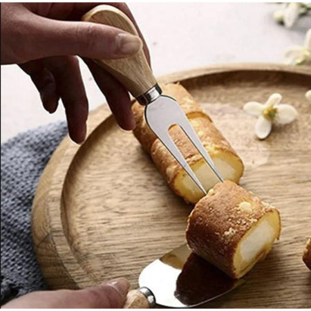 Set 4 cutite pentru branza Cyrax, din otel inoxidabil, maner din lemn de salcam, pentru branza sau unt, 15 x 6.3 x 3 cm, argintiu