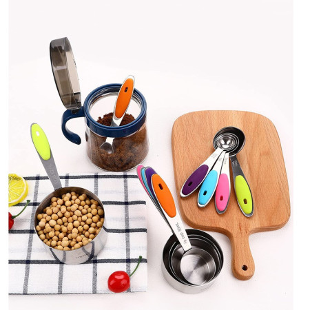 Set 10 Piese de Masurare, Cyrax, 5 Linguri Gradate + 5 Cesti Gradate, Otel Inoxidabil + Silicon, 19 x 8 x 9 cm, Multicolor