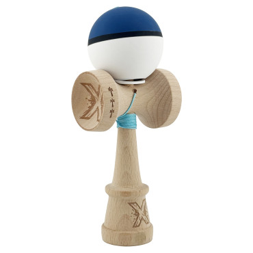 Kendama X Originala, Profesionala, Cyrax, Cupe Mari KING SIZE V3, Rubber Grip, Gaura in Baza, Rulment Metalic, din lemn 18 cm, Ata 62/65 cm, S Bicolor Albastru inchis/Alb