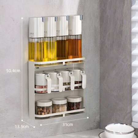 Suport pentru Depozitare Condimente, Ulei, Otet, Cyrax, Montare pe Perete din 12 Piese, Uz Casnic, pentru Bucatarie, 31 x 13.5 x 50.4cm, Alb