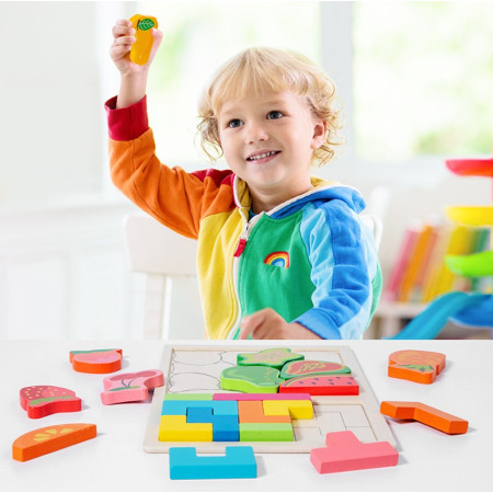 Puzzle Montessori din Lemn pentru Copii, Cyrax, Tip Tetris 2in1 +3 Ani, cu Fructe Colorate 3D, Educativ, Intuitiv, Creativ, 21 de Piese, 28.5x17x1.2 cm, Multicolor