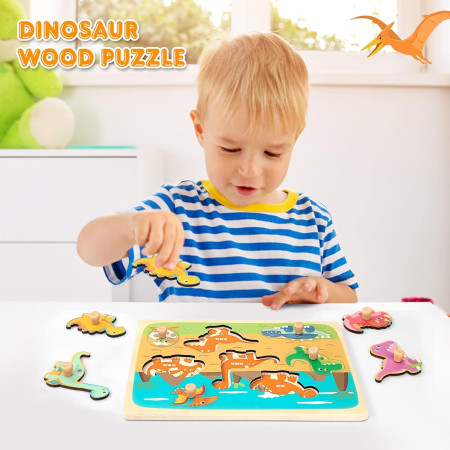 Puzzle Montessori din Lemn pentru Copii, Cyrax, 3D, 0-3 Ani, Model Dinozauri, Educativ, Intuitiv, Creativ, 8 Piese, 30x22.5x0.8 cm, Multicolor