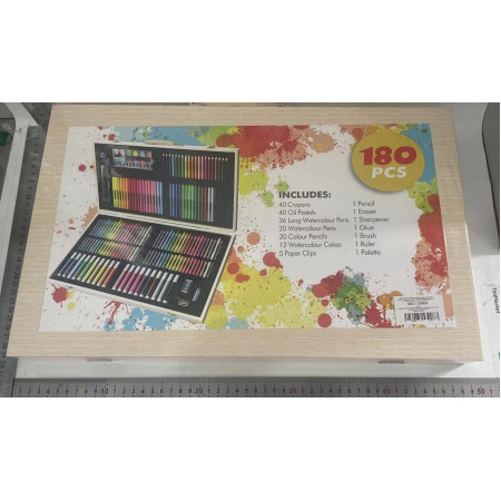 Set 180 Piese pentru Desen si Pictura, Cyrax, Tip Servieta din Lemn, Model Natur, 46 x 30.9 x 4.1 cm, Multicolor