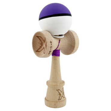 Kendama X Originala, Profesionala, Cyrax, Cupe Mari KING SIZE V3, Rubber Grip, Gaura in Baza, Rulment Metalic, din lemn 18 cm, Ata 62/65 cm, S Bicolor Violet/Alb