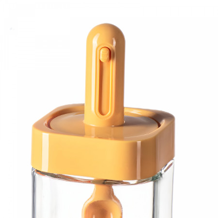 Recipient pentru Depozitarea Condimentelor, Cyrax, Borcan din Sticla, Capac si Lingura Incorporate, Uz Casnic, 300 ml, 7.1x7.1x14.8 cm, Portocaliu