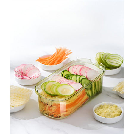 Feliator Multifunctional, Cyrax, 3 in 1, pentru Fructe si Legume, 6 Piese, Maner, Lame de Inox, Recipient Stocare, Protectie Mana, ABS, 35x12x9.4 cm, Verde