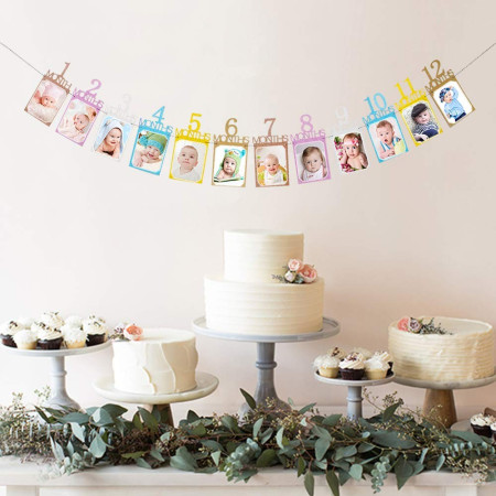 Banner pentru Poze, Cyrax, 15.2x10.2 cm, Tema Prima Aniversare, Model Primele 12 Luni, Rola Ata Inclusa, Multicolor