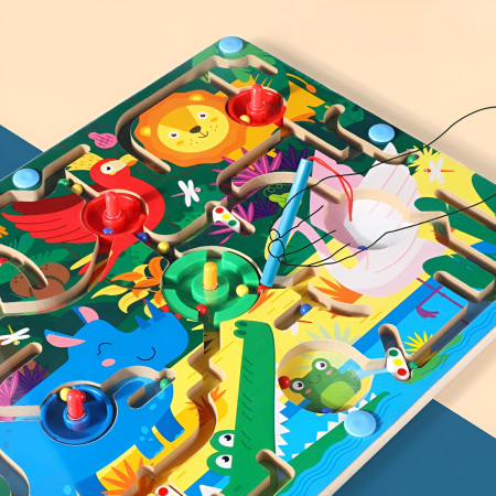 Joc Montessori de Sortare Culori, Cyrax, Creion Magnetic, Tip Labirint Ilustrat, din Lemn, Model Animale Salbatice, 39x29x1.5 cm