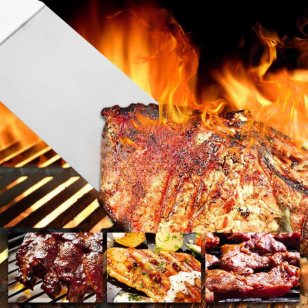 Set 3 spatule pentru gratar Cyrax, din metal, margini subtiri, suprafata antiaderenta, rezistente la temperaturi ridicate, maner ergonomic din lemn, 3 forme, agatatoare, gri