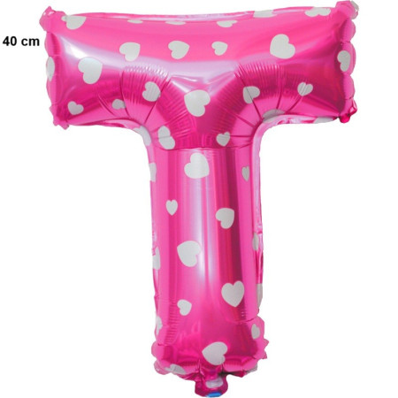 Balon Folie Metalizata Litera T, Cyrax, 40 cm, Cu Imprimeu Inimioare, Umflati cu Heliu sau Aer, Ambalaj Individual, Pai inclus, Roz
