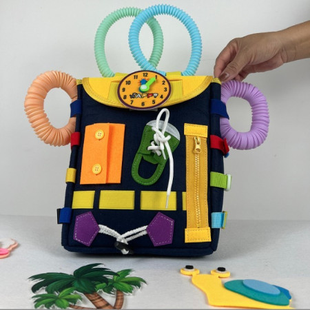 Ghiozdan Montessori, Cyrax, pentru Copii 2-6 ani, Fidget Pop, cu Catarame si Fermoare, Jucarii Senzoriale, Activitate de Invatare prin Joc, Albastru Marin, 0.25 kg, 28x10x23 cm