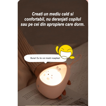 Lampa de veghe portabila cu 2 moduri de functionare  silicon non-toxic, reincarcabila USB, senzor miscare, roz, iepuras