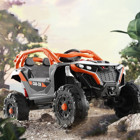 Masina Electrica pentru Copii, Cyrax, Tip Buggy/UTV Off-Road Dual Drive, Conectare Bluetooth, Telecomanda, Lumina Intermitenta si Muzica, Baterie 380*2, 6V 7Ah, 97 x 62 x 58 cm, Portocaliu Negru