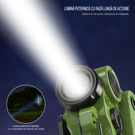 Lanterna Mini de Buzunar Tip Breloc,  Incarcare prin USB Type C, Multifunctionala, pentru Exterior, Camping, Alpinism, Ciclism, Mini Lanterna Elvis, 6.1 x 5 x 2.5 cm, Lumina Puternica, Culoare Verde