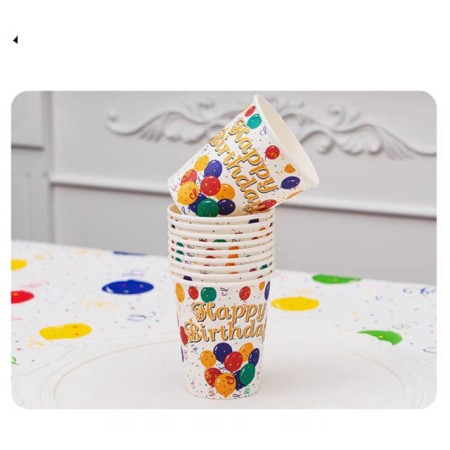 Set 10 Pahare, Cyrax, Imprimeu Happy Birthday, Baloane din Carton, 230 ml, 7.5 x 8.6 cm, Multicolor